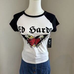 Ed Hardy Heart Wings Y2K Raglan Cap Sleeve Baby Small Tee Black/white NWT
